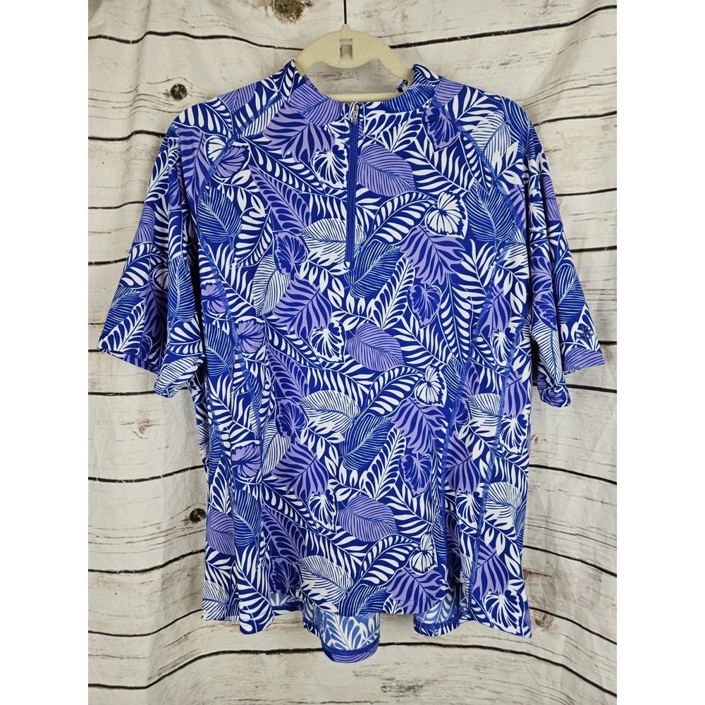 Coolibar Blue Floral Swim Shirt Rash Guard 2XL UPF 50+ Short Sleeves Womens
